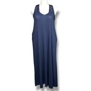 Suzanne Betro Womens Maxi Sundress Sleeveless Scoop Neck Crochet Straps Blue 2X
